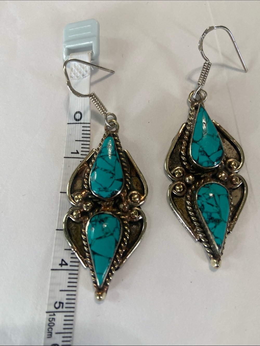Tibetan Turquoise Teardrop Earrings in 925 Sterling Silver. - Picture 7 of 15